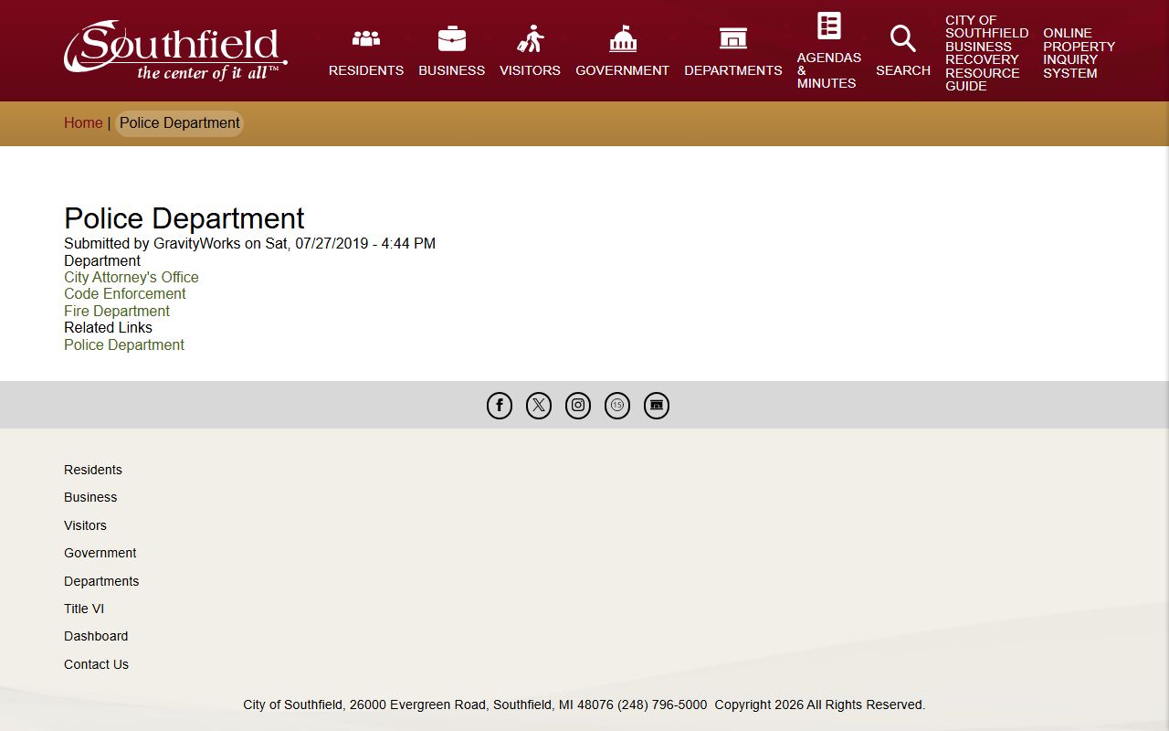 Southfield Police Department website for jail roster information