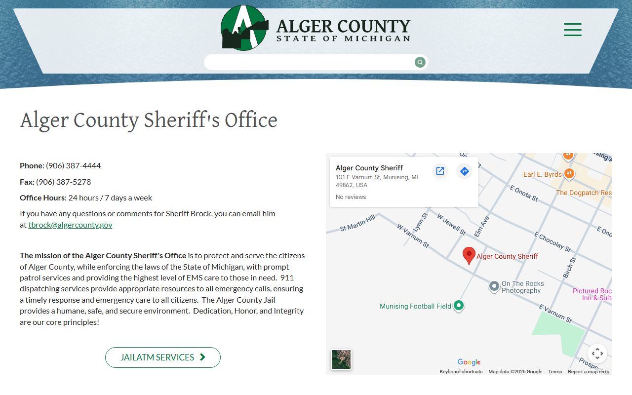 Alger County Sheriff website for jail roster information
