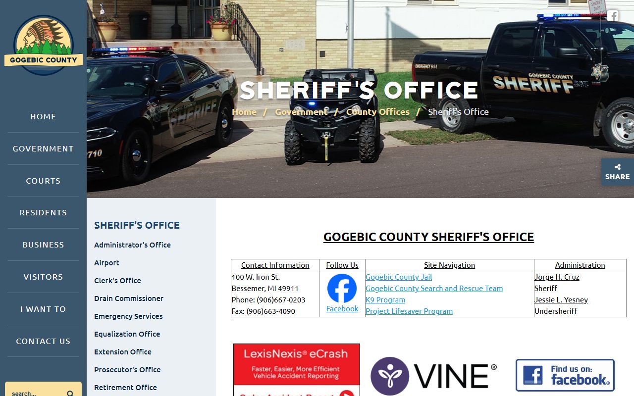 Gogebic County Sheriff website for jail roster searches in Bessemer Michigan