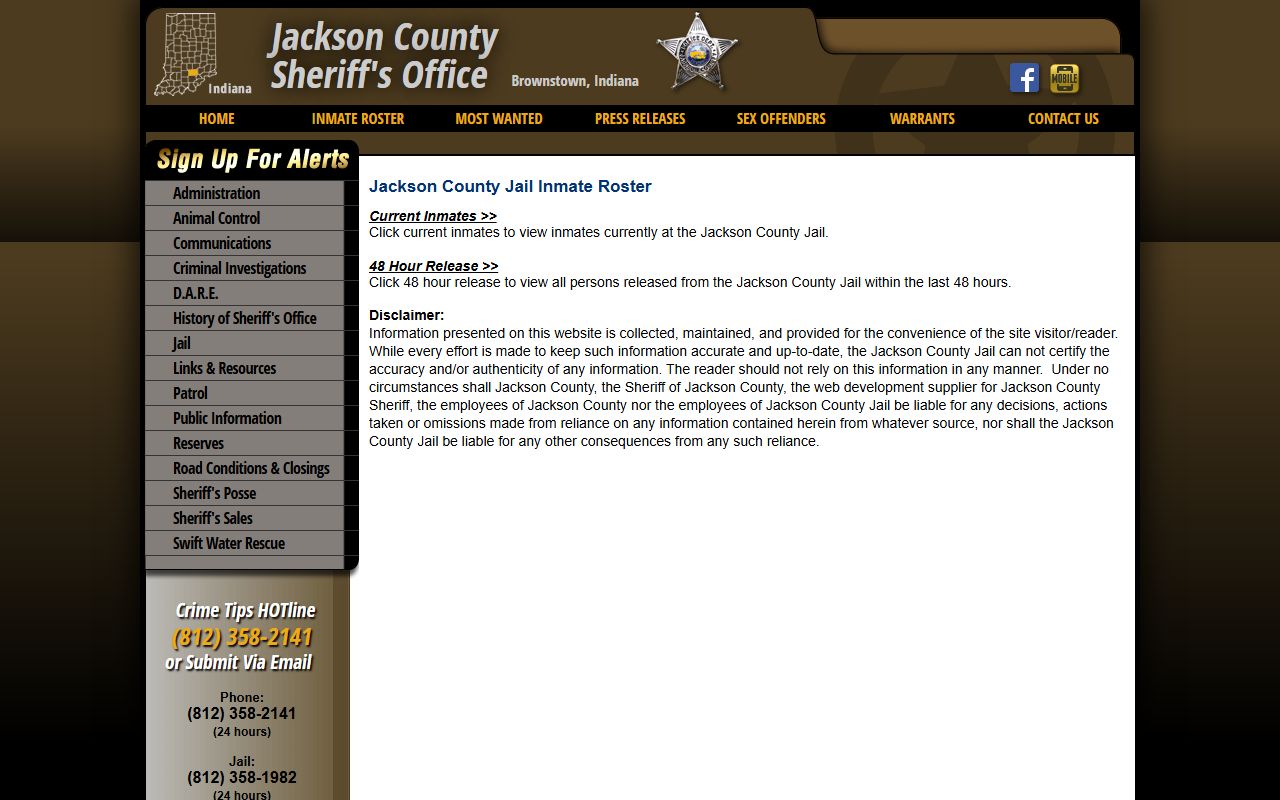 Jackson County jail roster search page showing current inmates and 48-hour release options