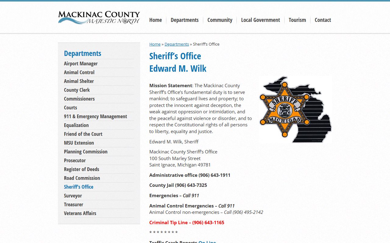 Mackinac County Sheriff website for jail roster search