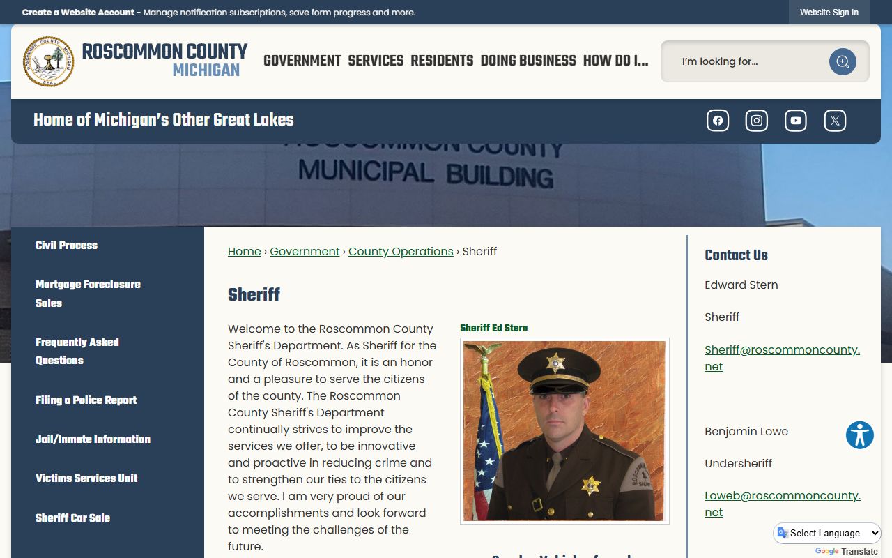 Roscommon County Sheriff website for jail roster information