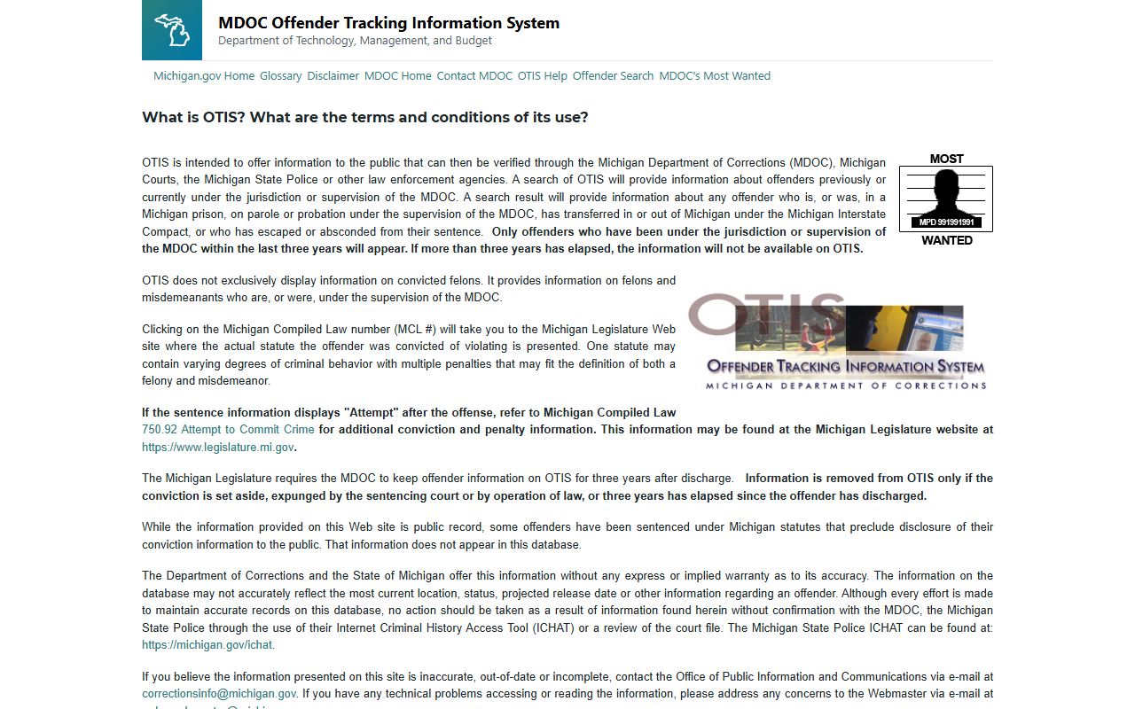 Michigan OTIS jail roster search homepage