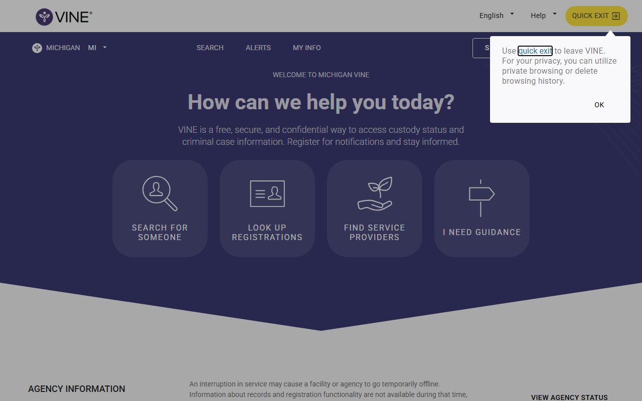 VINELink Michigan jail roster custody search page